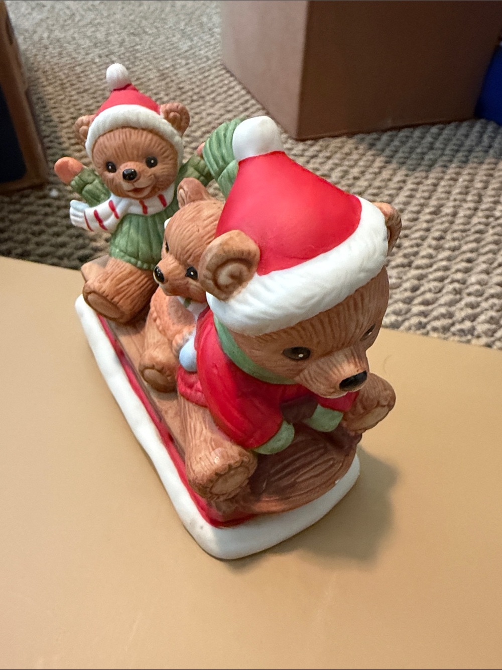 Homco Red and Green Holiday Bear Sled Trio Figurine VINTAGE